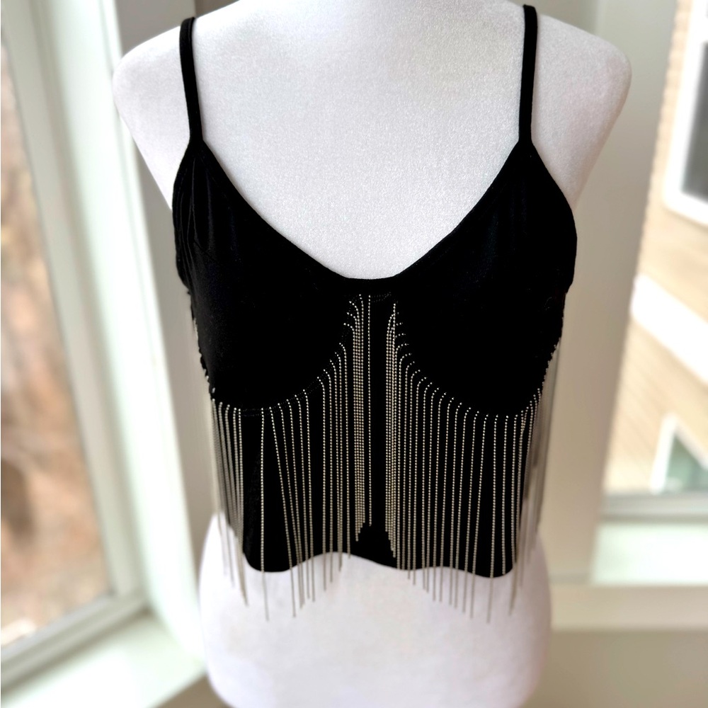 SHEIN Black Silver Bead Chain Corset Going Out Top Adjustable Spaghetti Straps L